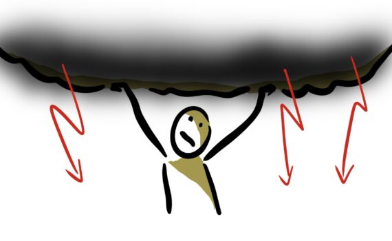 Figur versucht die dunklen Wolken fern zuhalten