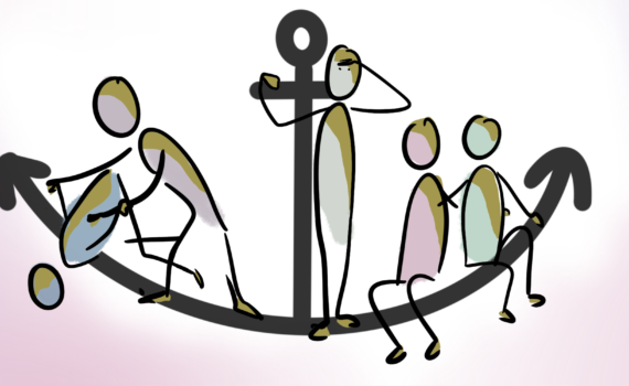 Mehrere Figuren sitzen auf einem Anker