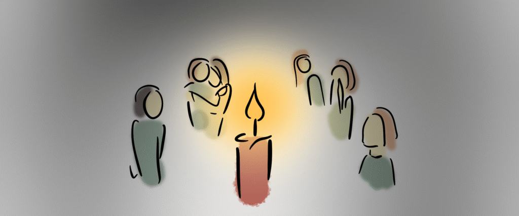 trauernde Menschen um eine Kerze, gezeichnet