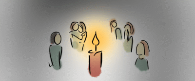 Todesfall im Team: Wenn ein Kollege plötzlich fehlt 7 trauernde Menschen um eine Kerze, gezeichnet