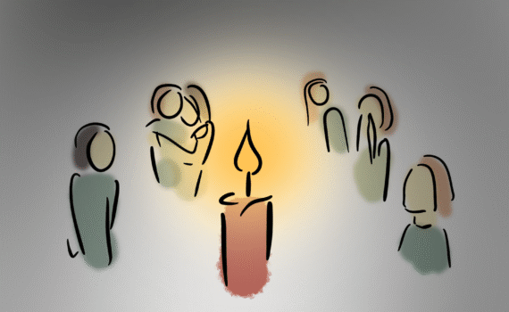 trauernde Menschen um eine Kerze, gezeichnet