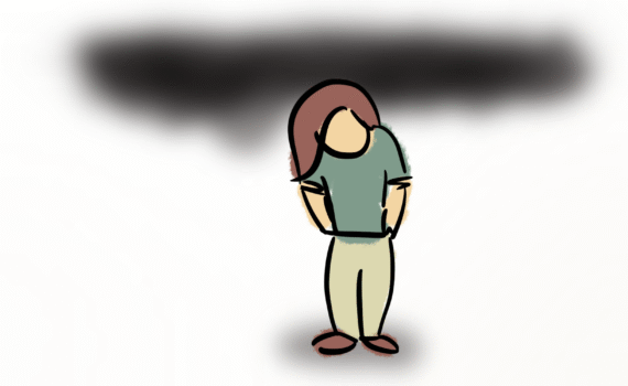 Mensch schaut nach unten - dunkle Wolke über ihm